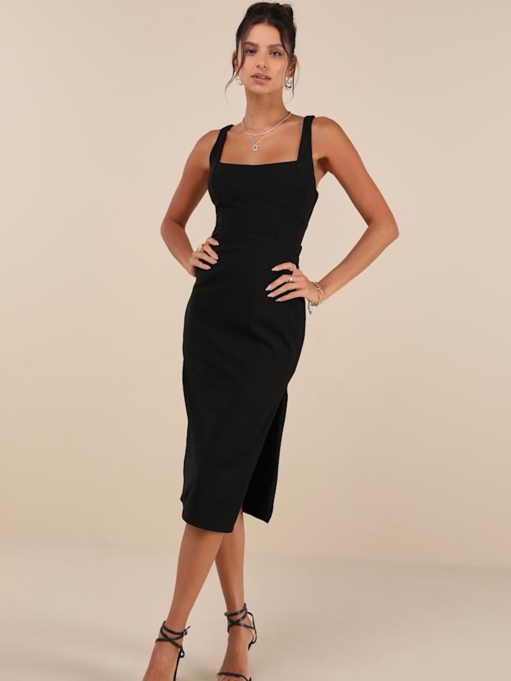 Lulu's Black Square-Neck Midi Dress with Side Slit